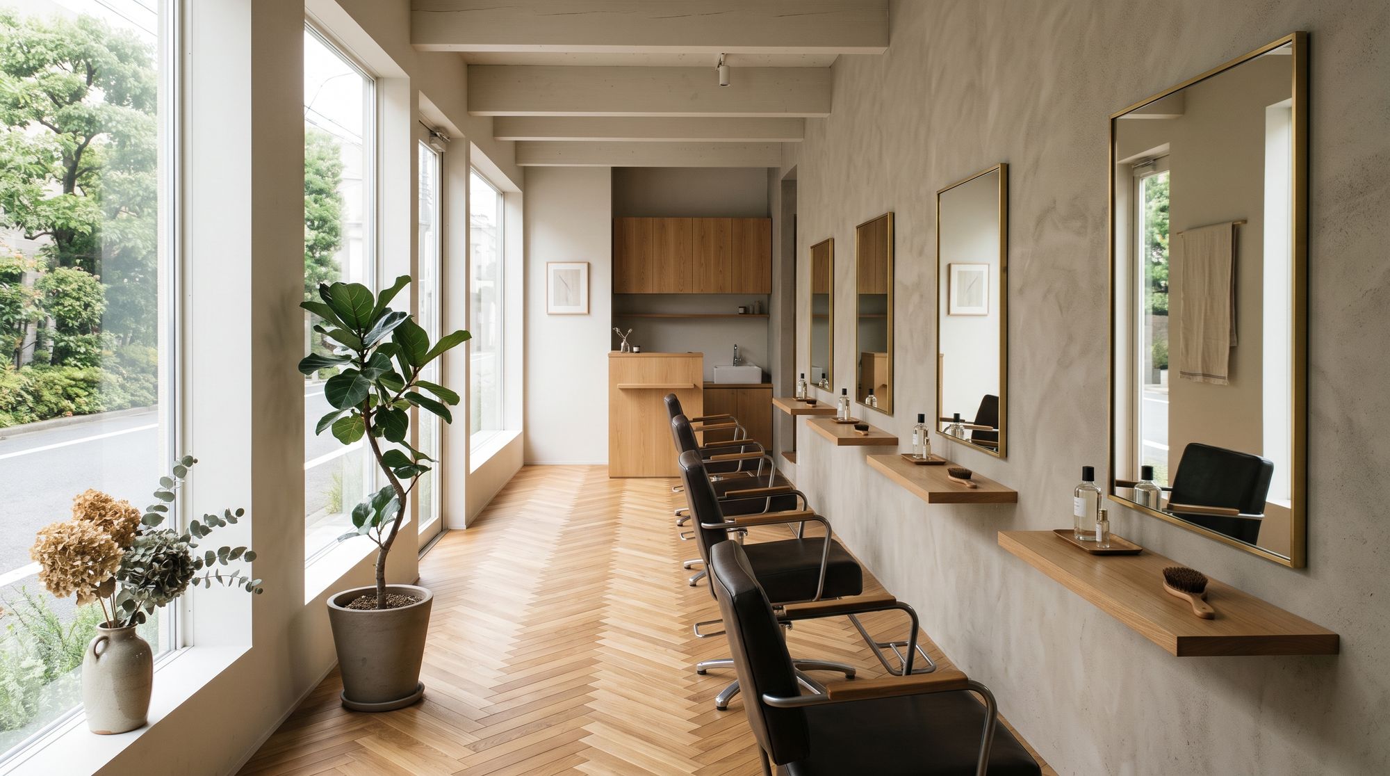 代官山のヘアサロン kinari の店内。大きな窓から自然光が入り、真鍮の鏡が並ぶセット面