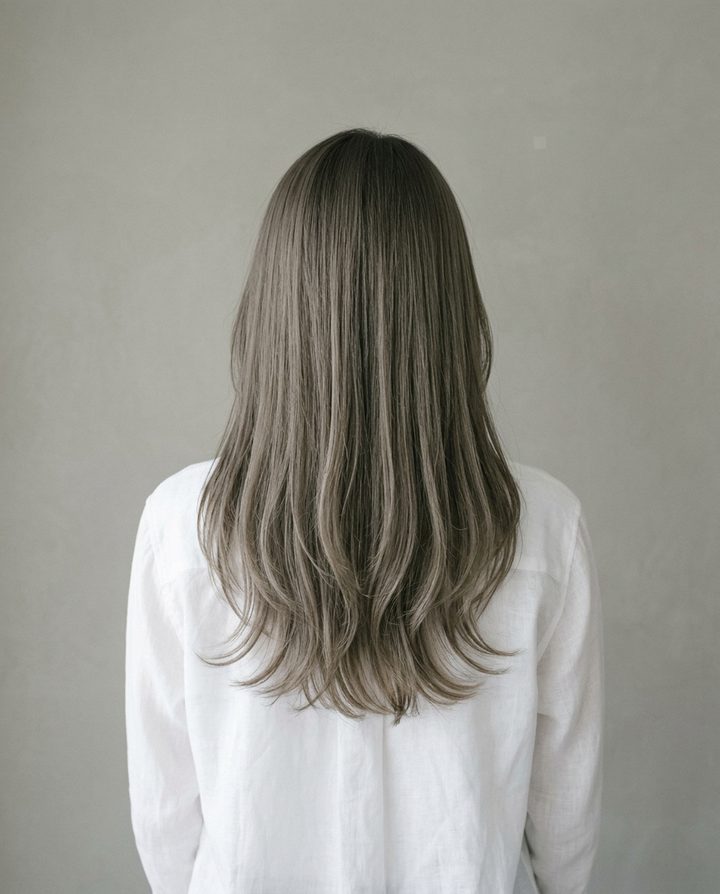透明感のあるグレージュカラーのロングヘアを後ろから見たところ