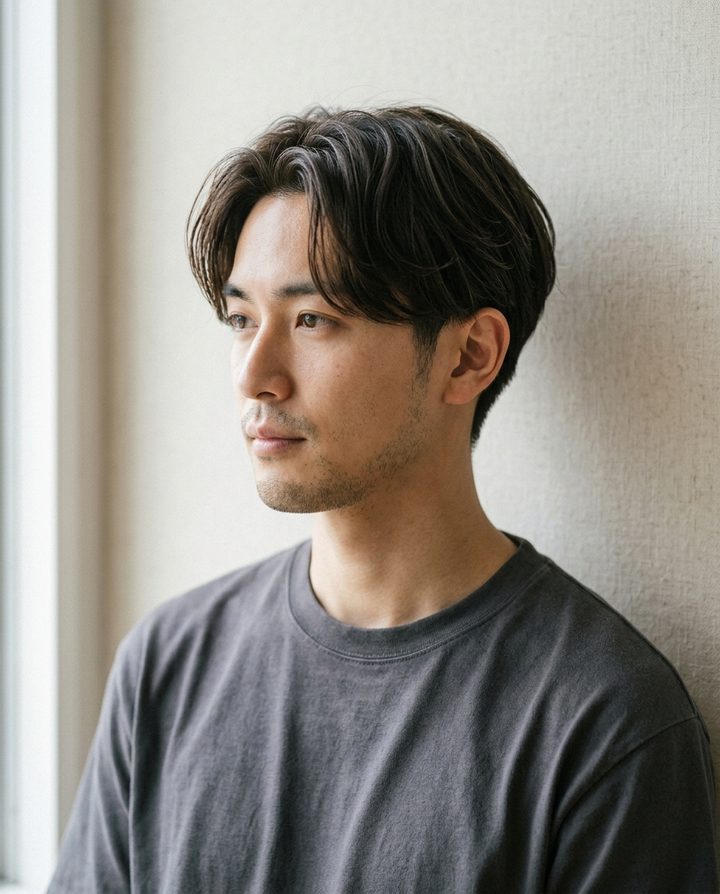 束感のあるナチュラルなセンターパートのメンズショート