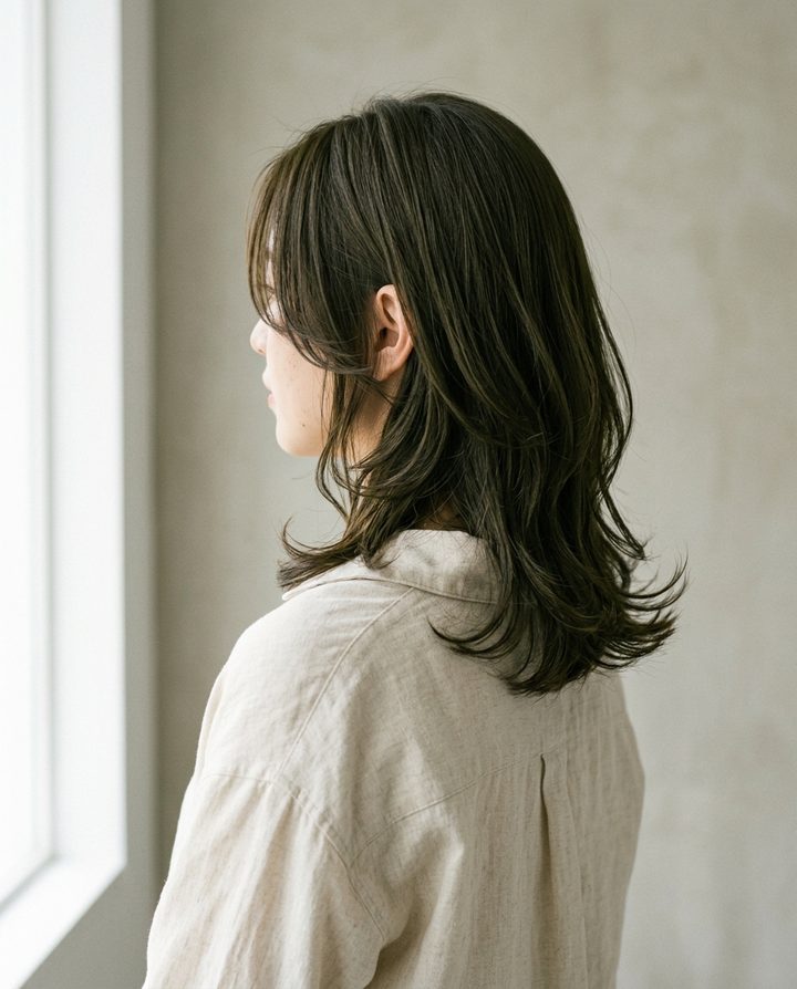 顔まわりにレイヤーを入れた、毛先が外にはねるくびれミディアム