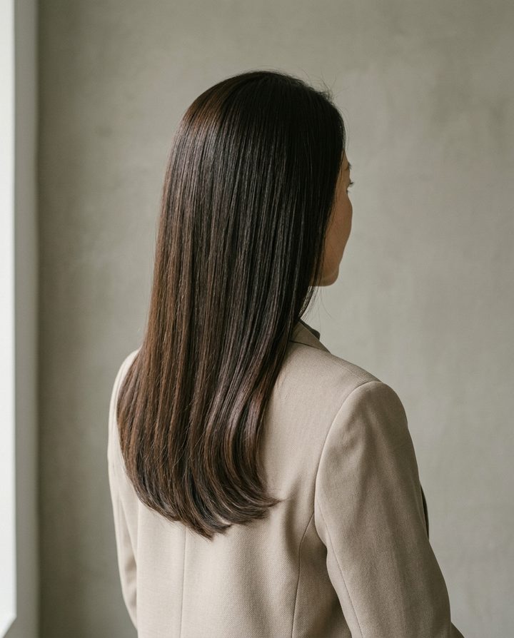 艶のあるダークブラウンのセミロングストレート